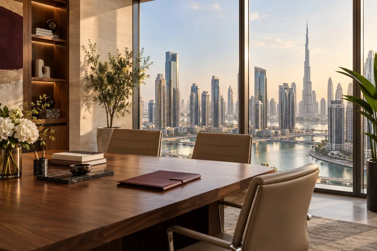 Illustrative boutique advisory office with a meeting table overlooking Dubai Business Bay