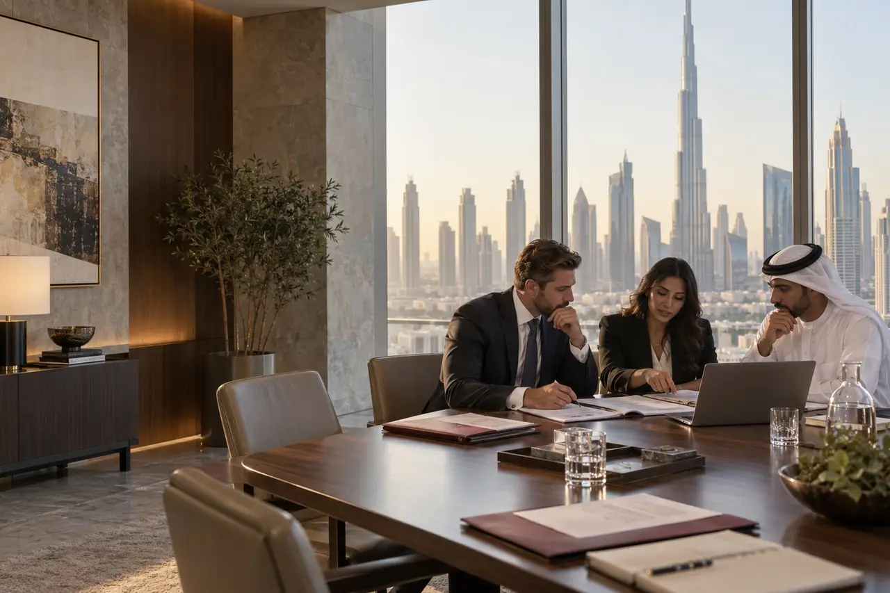 Illustrative advisory workshop with three professionals reviewing business documents in a Dubai office