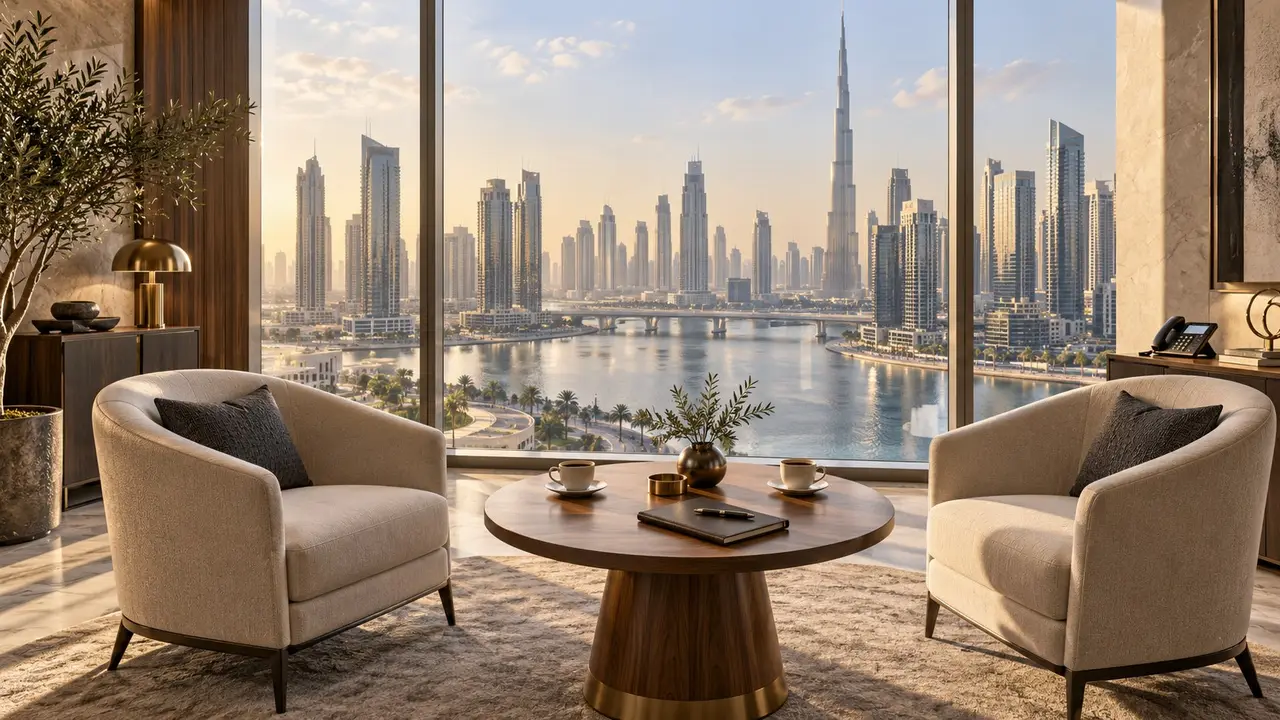 Illustrative consultation lounge with two chairs and a coffee table overlooking Dubai Business Bay