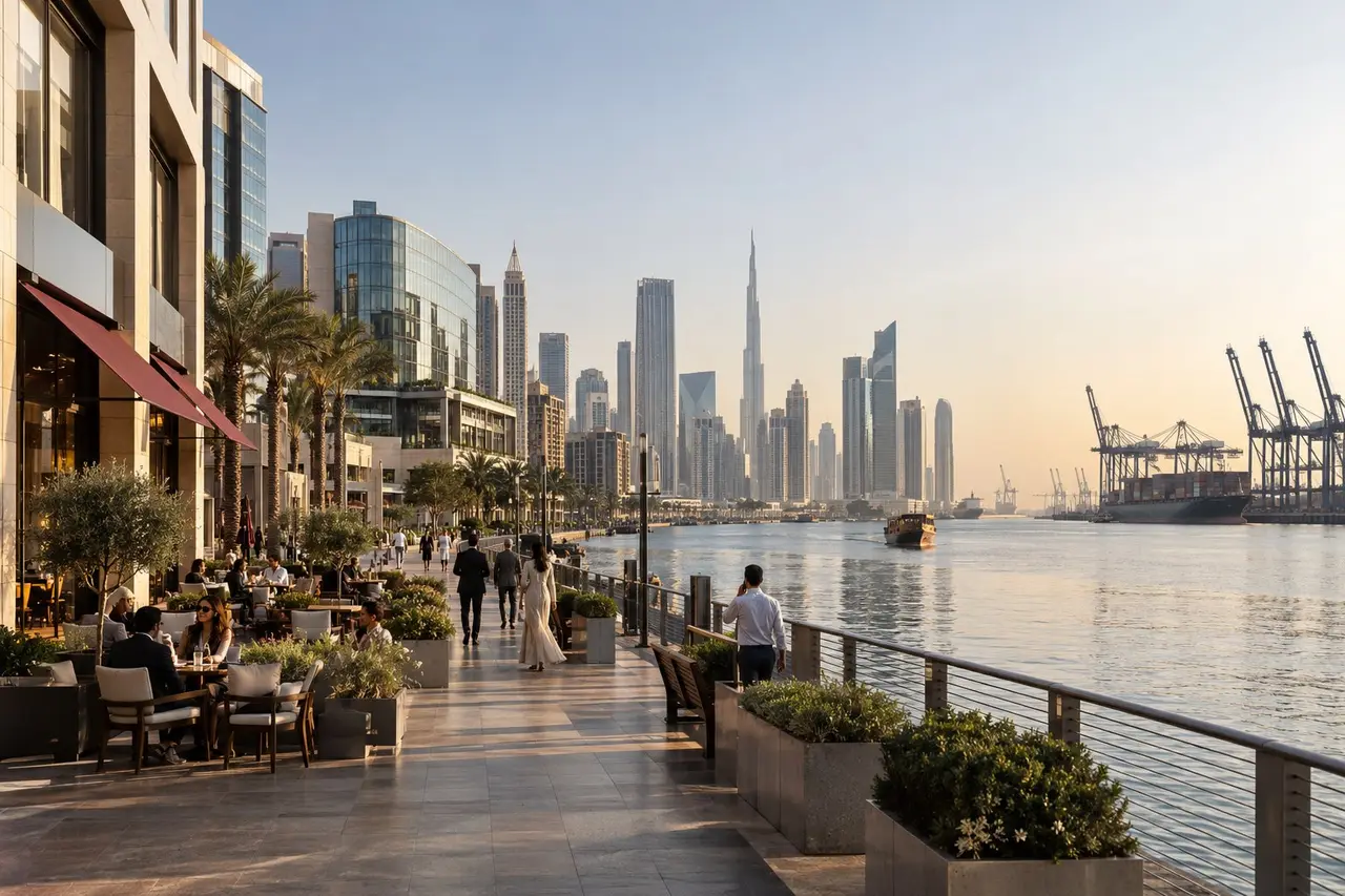 Illustrated Dubai waterfront business district with offices, retail, cafe terraces and an international port