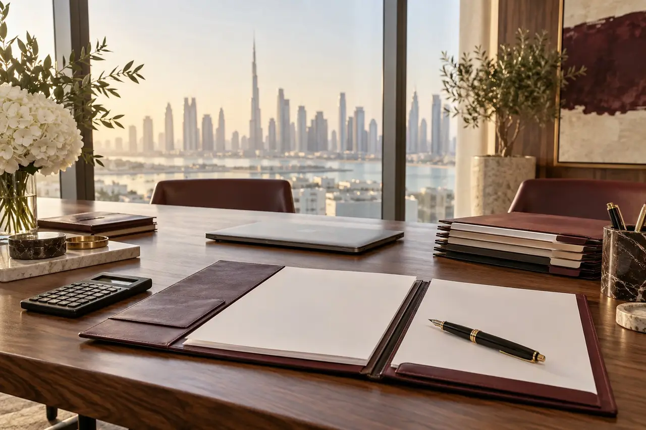 Calculator, proposal folder and planning documents on a consultancy meeting table