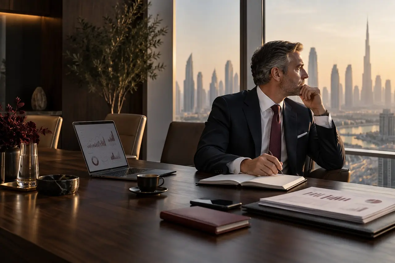 Finance leader reviewing reports in a boardroom