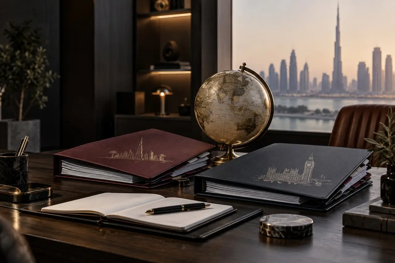 Corporate folders and a globe for international tax planning