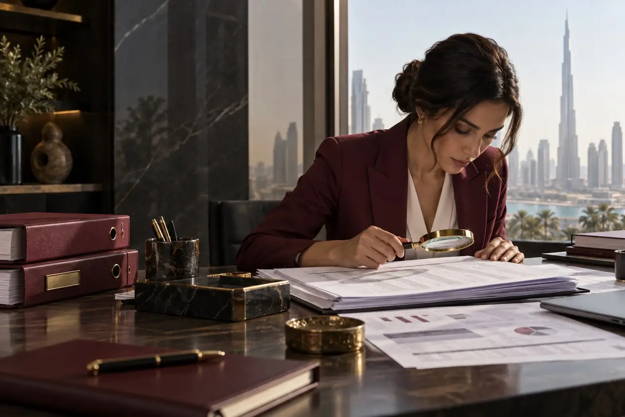 Advisor reviewing audit documents with a magnifying glass