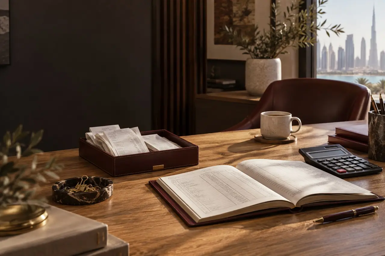 Ledger, receipts and calculator on a bookkeeping desk
