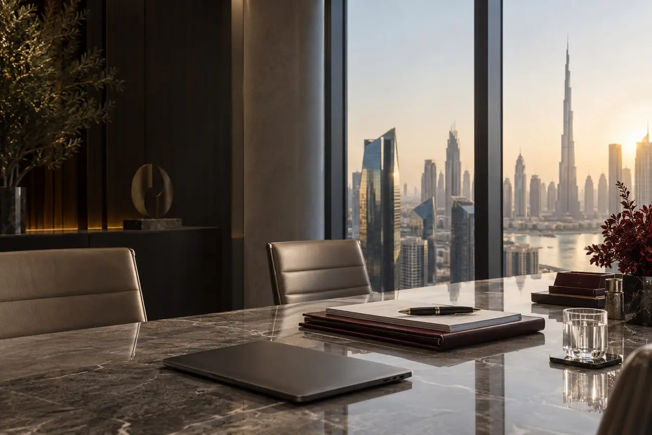 Corporate banking meeting room overlooking Dubai