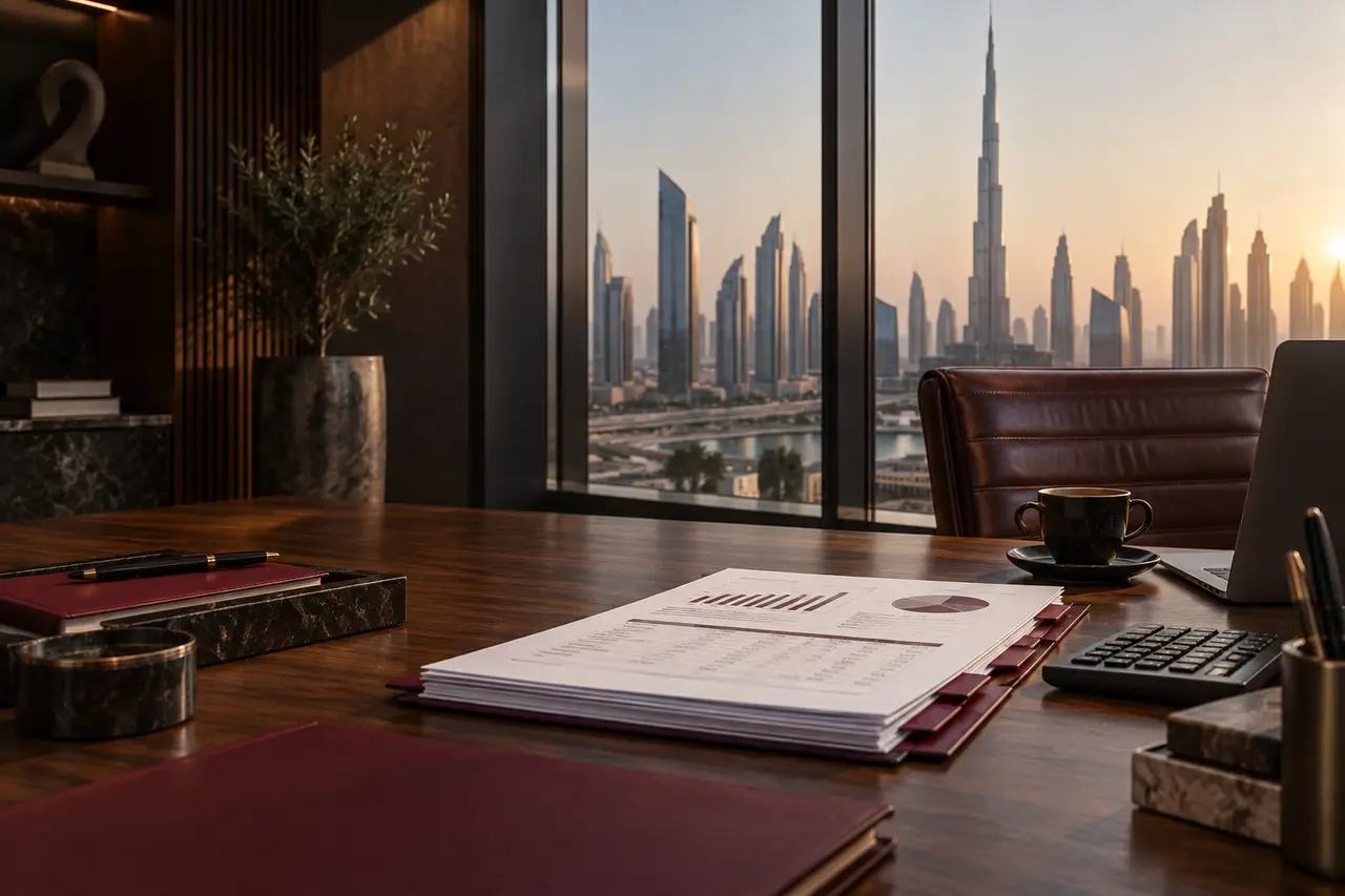 Corporate financial reports and calculator beside a Dubai skyline