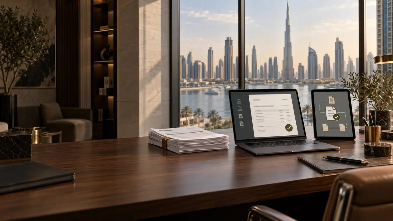 Laptop and tablet displaying digital invoice workflows on a desk overlooking Dubai