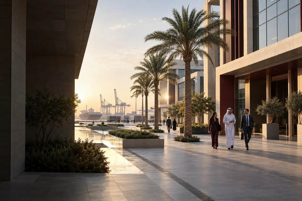 Palm-lined UAE business campus beside a logistics port