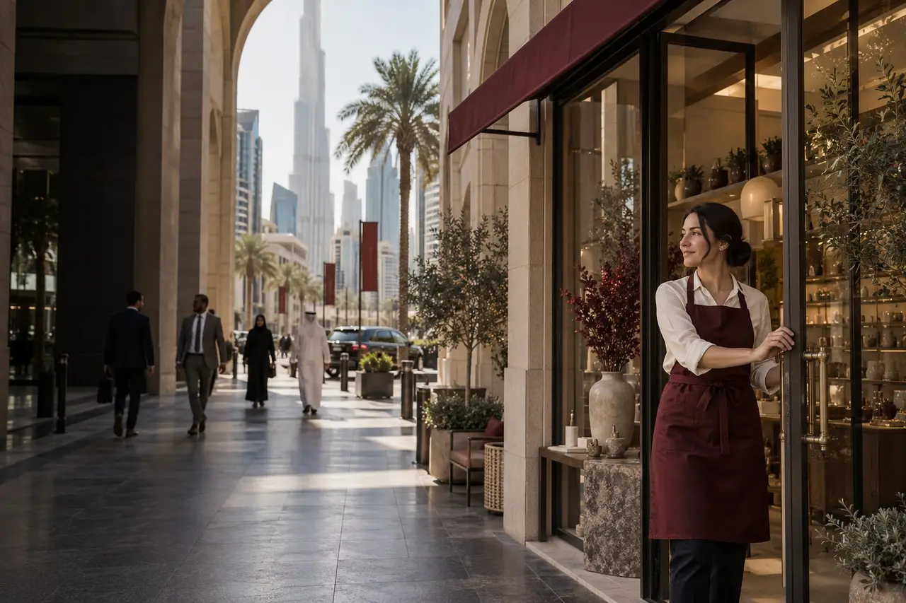 Dubai commercial avenue with modern storefronts