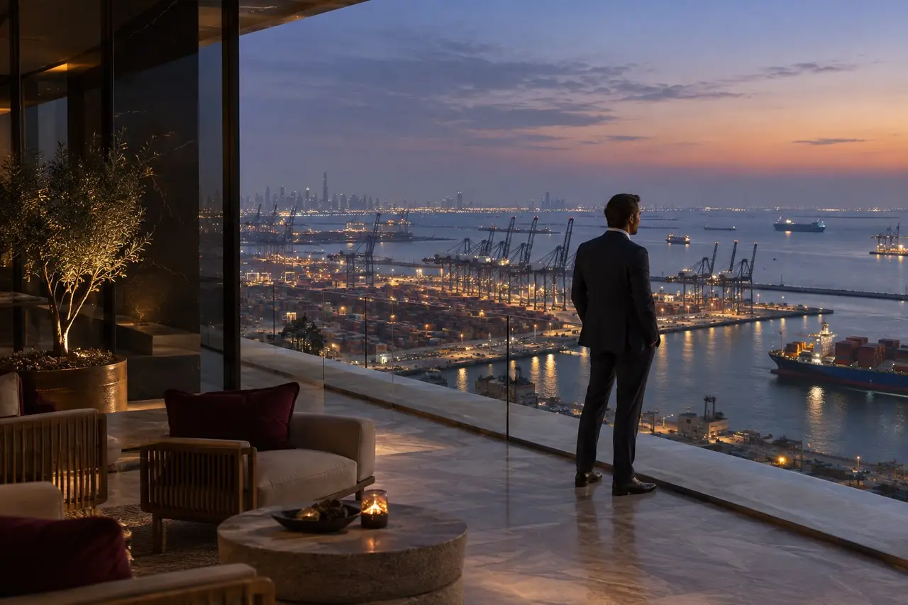 Waterfront terrace overlooking an international port