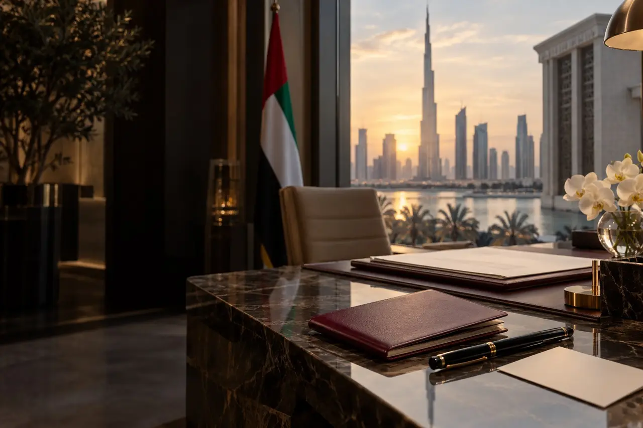 Passport and document folders on a UAE office desk