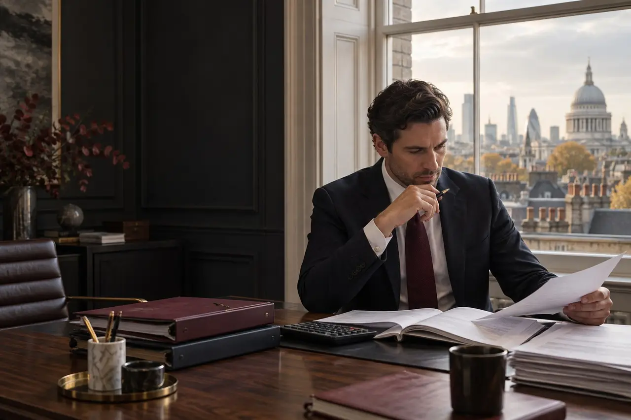 Accountant reviewing reports beside a London window