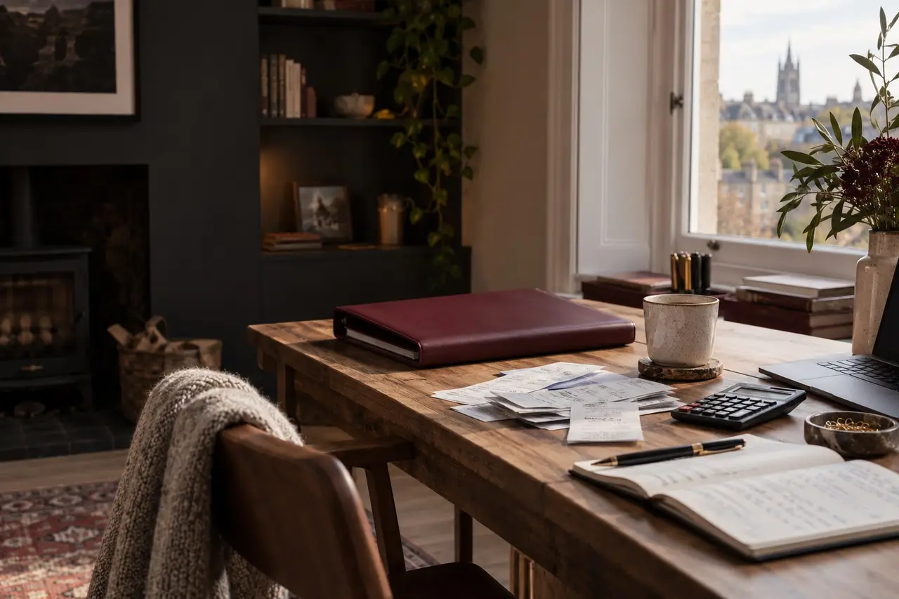 Receipts and tax folder in a British home office