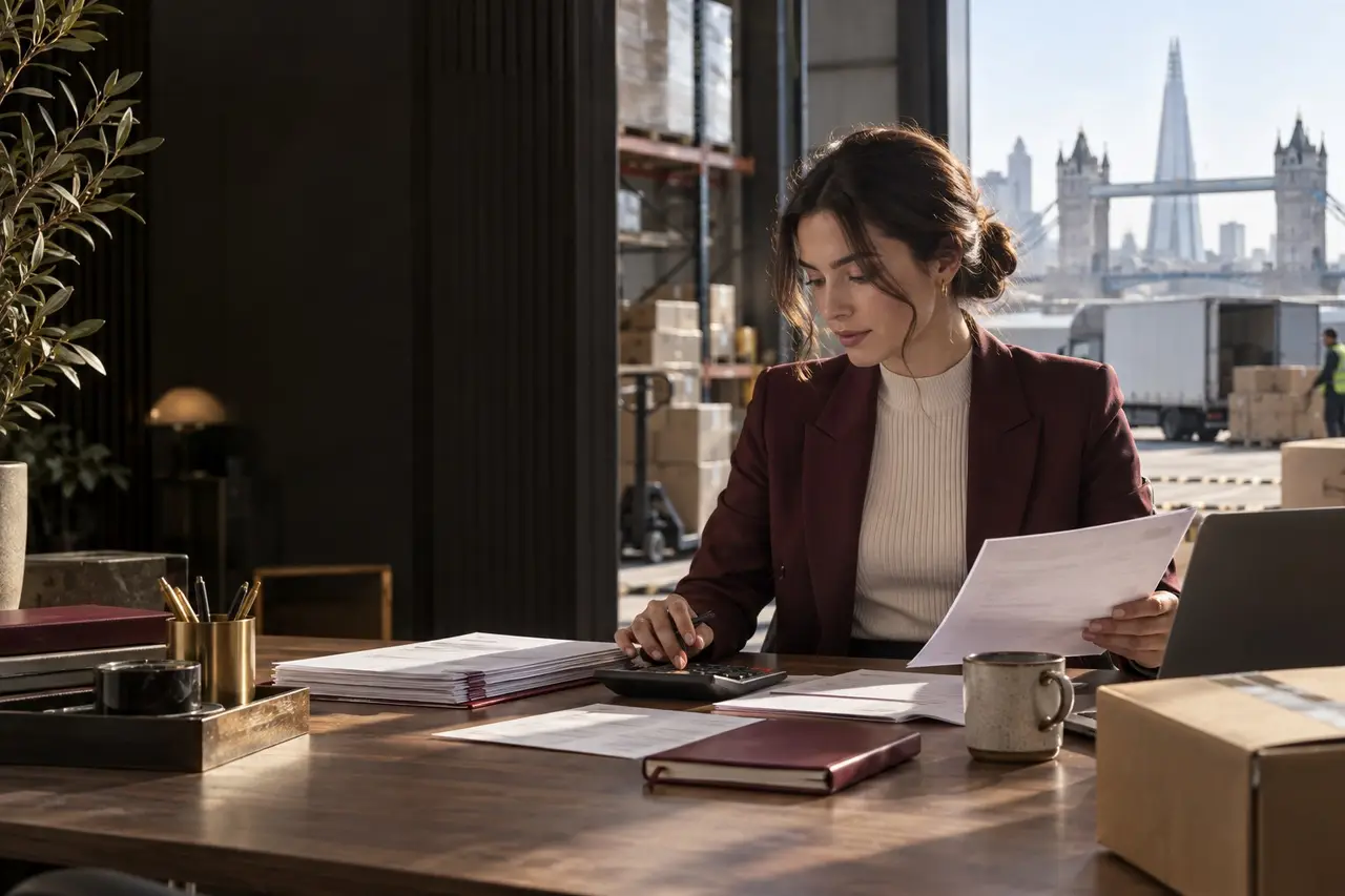 Accountant reviewing VAT paperwork with London in the background